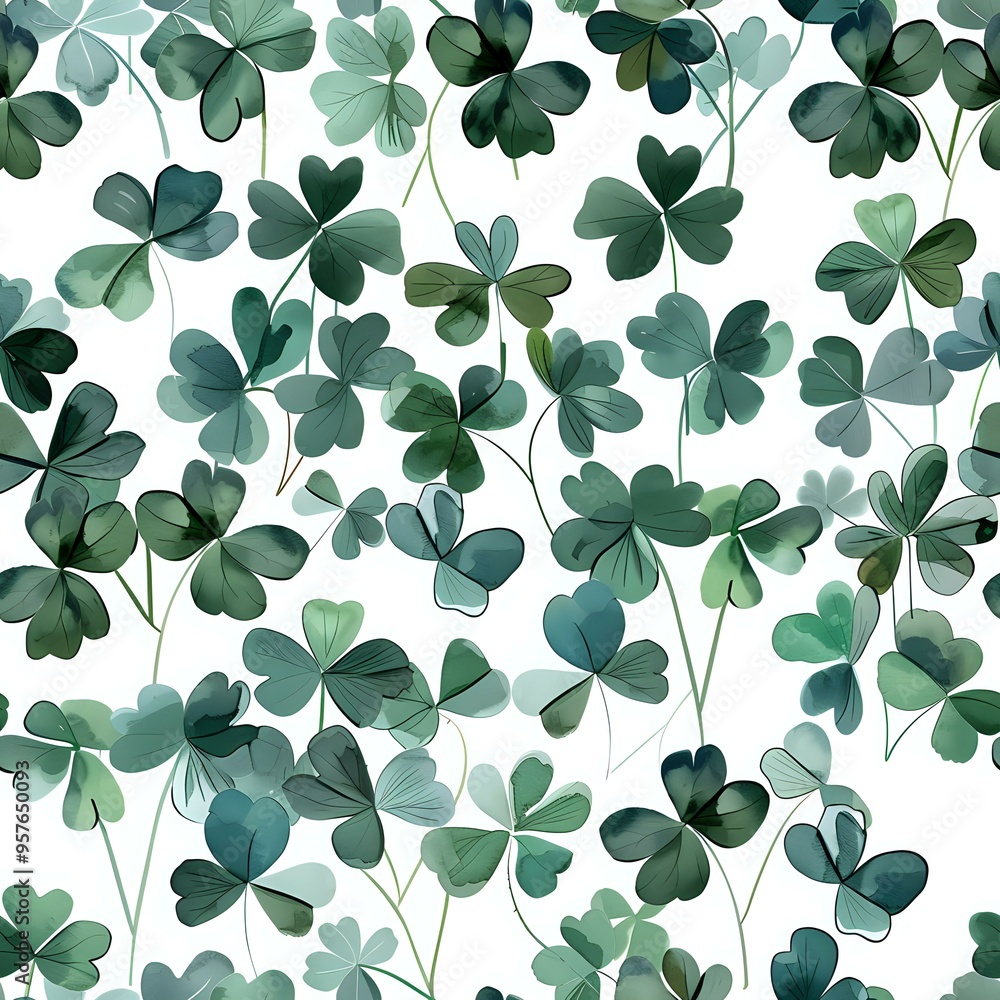 Obraz premium A seamless pattern of green clovers in various shades, spread across a white background. Perfect for St. Patrick's Day designs, textile prints, and nature-themed decor.
