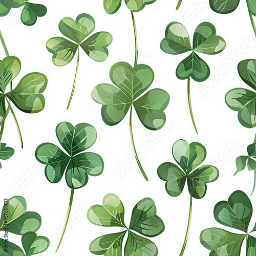 A seamless pattern of green clovers on a white background, symbolizing luck and nature. Ideal for St. Patrick's Day designs, textiles, and nature-themed projects.