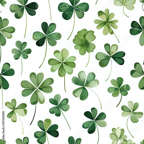 A seamless pattern of green clovers on a white background, symbolizing luck and nature. Ideal for St. Patrick's Day designs, textiles, and nature-themed projects.