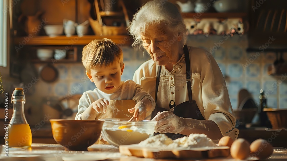 A heartwarming scene of a grandmother and young boy baking together in a cozy kitchen, symbolizing family traditions and togetherness. Perfect for family, cooking, and lifestyle themes.