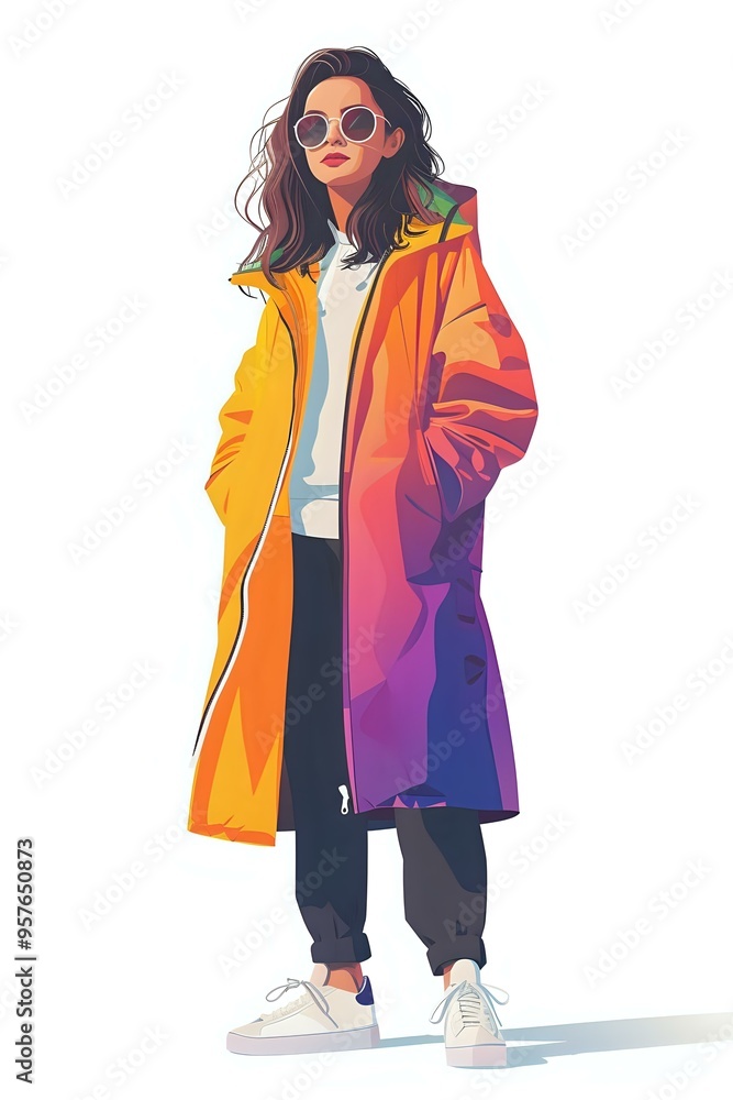 Young Asian woman in vibrant gradient orange and purple winter coat, casual urban style with white sneakers and dark pants, perfect for fashion and lifestyle design. Young Asian woman in vibrant gradient orange and purple winter coat, casual urban style with white sneakers and dark pants, perfect for fashion and lifestyle design.