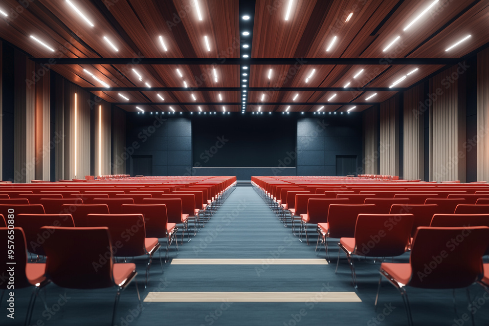 Naklejka premium Conference Readiness: Inside a Vacant Conference Hall Interior