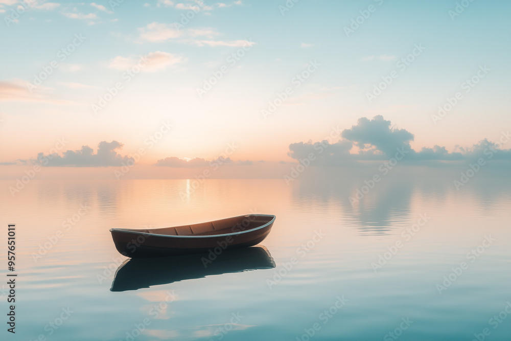 Naklejka premium Serenity on Water: Minimalist Raft Drifting on a Tranquil Lake