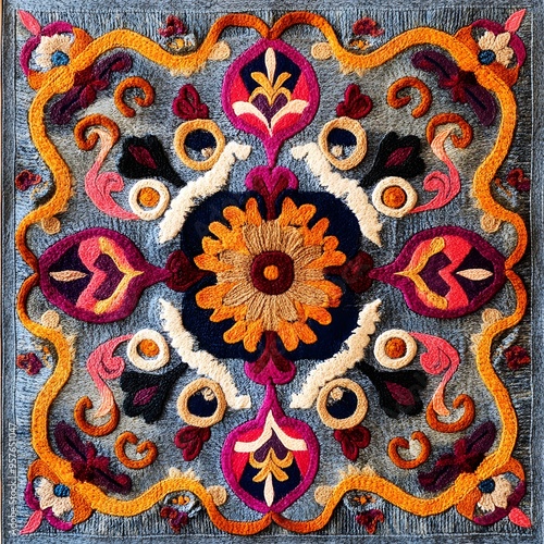 131. **Kazakh traditional felt pattern with detailed, geometric motifs.**