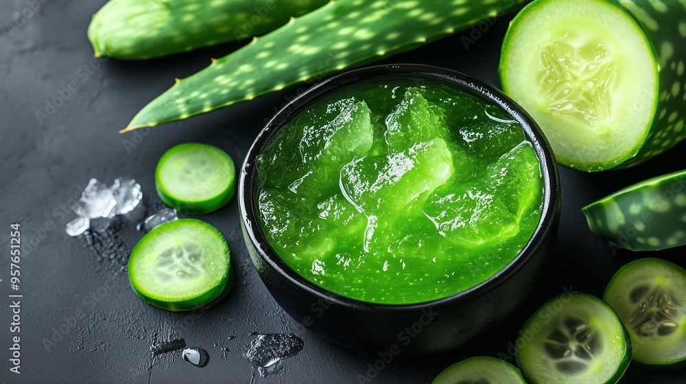 Refreshing cucumber and aloe vera gel preparation on a dark surface for skincare and hydration benefits in the kitchen Refreshing cucumber and aloe vera gel preparation on a dark surface for skincare and hydration benefits in the kitchen
