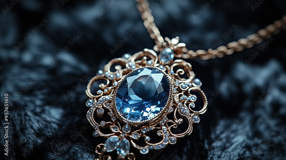 1. A necklace with a large gemstone as the centerpiece, surrounded by delicate gold filigree and set against a black velvet background, shot with a macro lens using a Canon EF 100mm f/2.8L IS USM lens 1. A necklace with a large gemstone as the centerpiece, surrounded by delicate gold filigree and set against a black velvet background, shot with a macro lens using a Canon EF 100mm f/2.8L IS USM lens