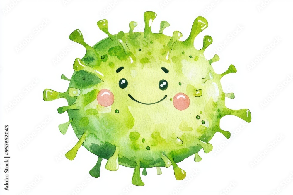 A cheerful, green virus illustration with a friendly face, perfect for educational materials on health and safety. A cheerful, green virus illustration with a friendly face, perfect for educational materials on health and safety.
