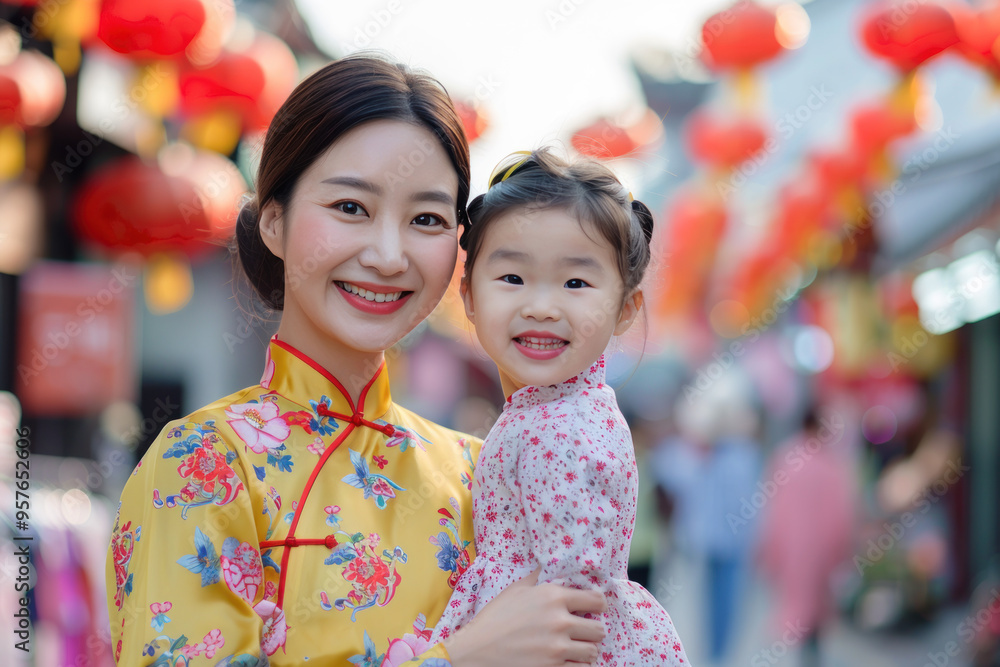 Korean mother and daughter in cheongsam enjoy the lunar new year celebration Korean mother and daughter in cheongsam enjoy the lunar new year celebration