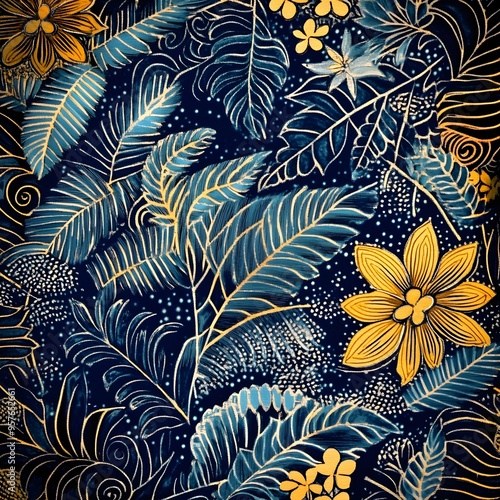 12. **Balinese batik pattern featuring natural elements like leaves and flowers.** photo