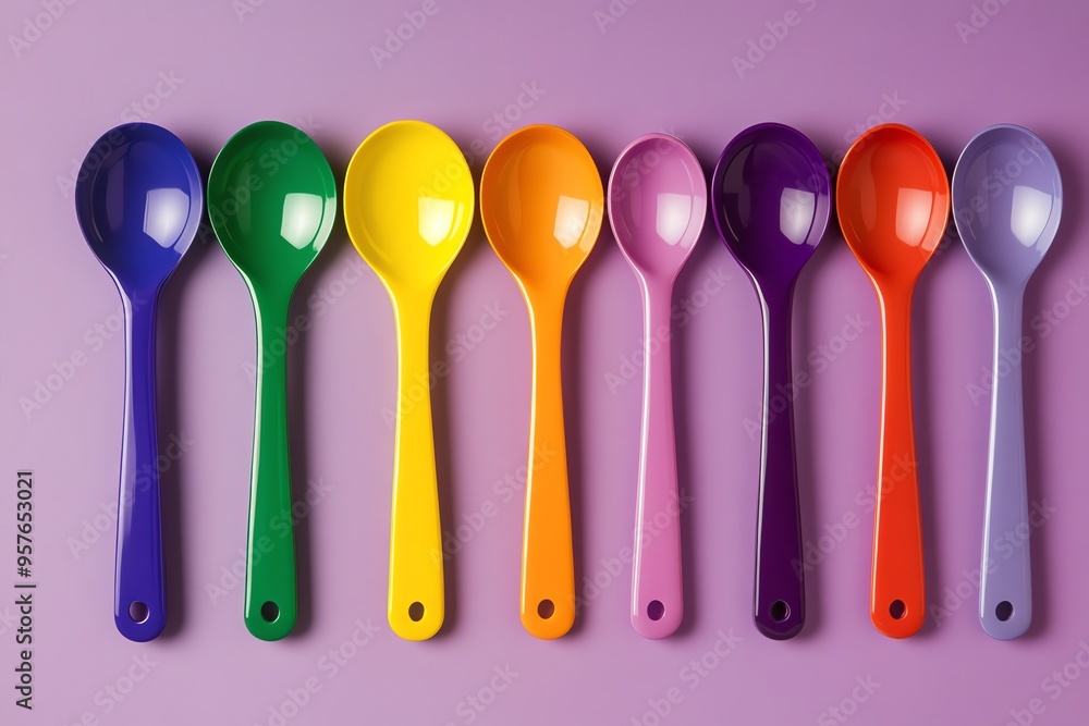 Colorful Plastic Spoons in a Row on Purple Background Colorful Plastic Spoons in a Row on Purple Background