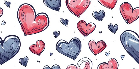 A vibrant seamless pattern of colorful hand-drawn hearts in a playful cartoon style. Perfect for Valentine's Day, kids' decor, gift wrap, or party invitations. Tiled for continuous use.