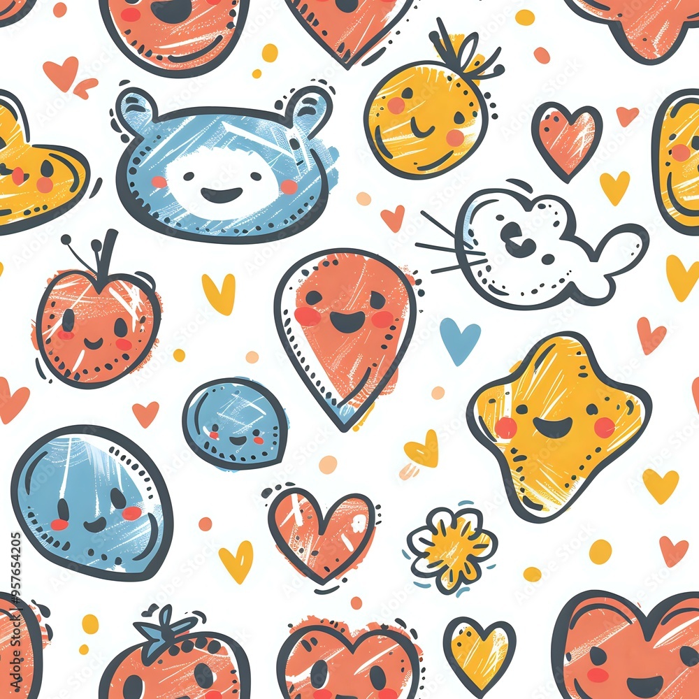 seamless playful pattern of cute cartoon characters and heart shapes in vibrant colors. Perfect for children’s designs, nursery decor, wrapping paper, or party invitations. Tiled for continuous back seamless playful pattern of cute cartoon characters and heart shapes in vibrant colors. Perfect for children’s designs, nursery decor, wrapping paper, or party invitations. Tiled for continuous back