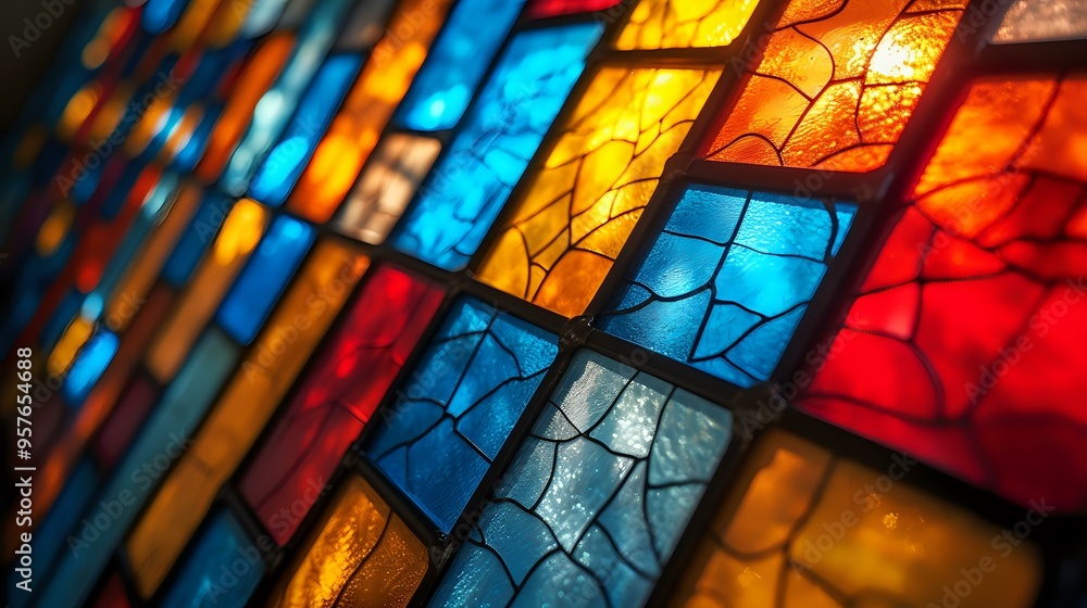 A close-up of vibrant stained glass tiles in red, blue, and yellow hues, illuminated by soft light. Ideal for artistic projects, design inspiration, architecture, or interior decor themes.