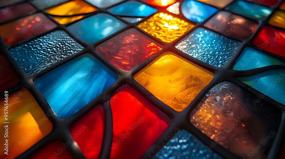A close-up of vibrant stained glass tiles in red, blue, and yellow hues, illuminated by soft light. Ideal for artistic projects, design inspiration, architecture, or interior decor themes. A close-up of vibrant stained glass tiles in red, blue, and yellow hues, illuminated by soft light. Ideal for artistic projects, design inspiration, architecture, or interior decor themes.