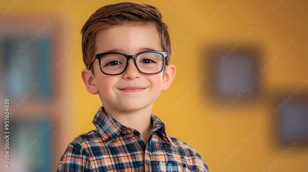 School Picture Day. School portrait of stylish young boy in glasses, sporting plaid shirt. Confident look with vintage twist School Picture Day. School portrait of stylish young boy in glasses, sporting plaid shirt. Confident look with vintage twist