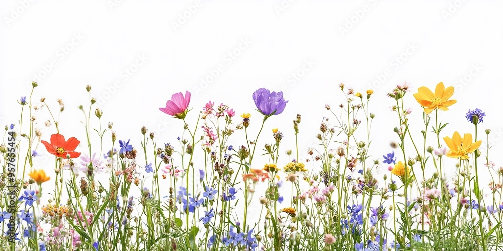 Field of mixed wildflowers in the breeze, isolated on white background Field of mixed wildflowers in the breeze, isolated on white background