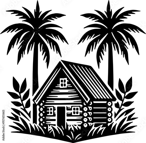 A simple and stylized black and white illustration of a hut with a triangular roof, surrounded by two palm trees. The hut has visible wooden details, and there are some leaves and grass at the base. 