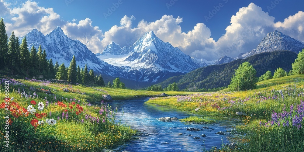 Fototapeta premium A serene alpine meadow with wildflowers in bloom, a crystal-clear stream, and towering peaks in the background 