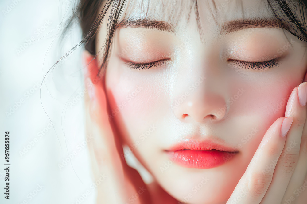 A close-up of a young Asian woman with her eyes closed, gently touching her face, highlighting her smooth skin and soft makeup. The image conveys a skincare and cosmetics concept. A close-up of a young Asian woman with her eyes closed, gently touching her face, highlighting her smooth skin and soft makeup. The image conveys a skincare and cosmetics concept.