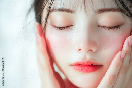 Wallpaper Mural A close-up of a young Asian woman with her eyes closed, gently touching her face, highlighting her smooth skin and soft makeup. The image conveys a skincare and cosmetics concept. Torontodigital.ca