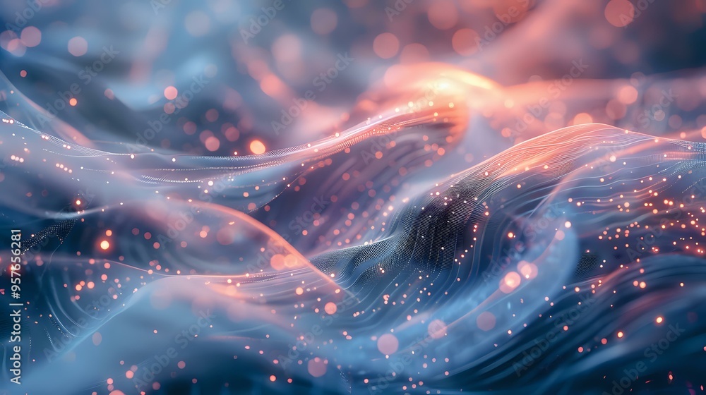 An abstract image featuring flowing waves of light and particles in blue and orange tones. Ideal for technology, science, or digital design projects, representing data flow, innovation, or energy. An abstract image featuring flowing waves of light and particles in blue and orange tones. Ideal for technology, science, or digital design projects, representing data flow, innovation, or energy.