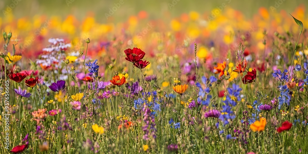 A field of wildflowers in full bloom, with a dazzling array of reds, yellows, purples, and blues A field of wildflowers in full bloom, with a dazzling array of reds, yellows, purples, and blues