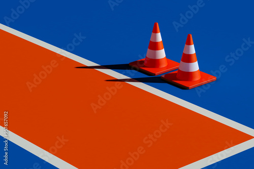 Traffic cones on blue and orange floor