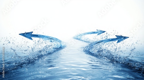 Water Arrow Paths: A visual metaphor for choice, direction, and progress, with three dynamic blue water arrows emerging from a splash.  