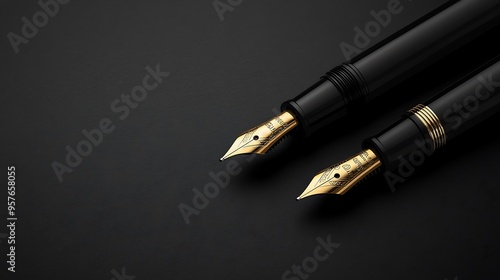 Two Gold-Trimmed Black Fountain Pens on a Black Surface