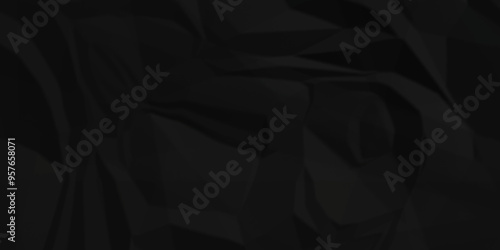 Crumpled texture of dark black wrinkle chaotic paper. close up canvas old crumple black paper sheet abstract shape background space for text.	
