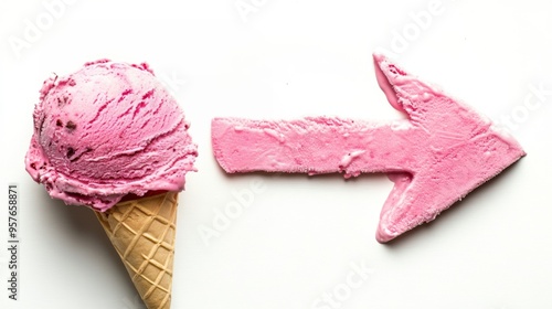 Pink Ice Cream Cone and Arrow: A single scoop of pink ice cream in a waffle cone sits next to a large pink arrow pointing to the right, on a white background. The arrow is made of a textured material,