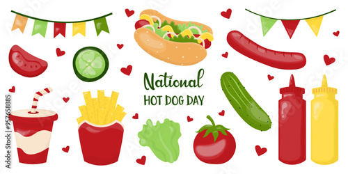  Vector illustration. Vector set of hot dog day with fries, hot dog, ketchup, mustard, lemonade, tomato slice, cucumber slice, lettuce, sausage, tomato, cucumber and garland.