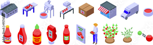 Tomato Ketchup Production icons set. This illustration showcases the complete ketchup production process, from harvesting fresh tomatoes to delivering the final product