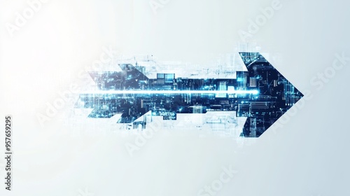Digital Arrow of Progress: A dynamic arrow composed of binary code and digital elements points right, symbolizing forward momentum, technological advancement, and the digital age.