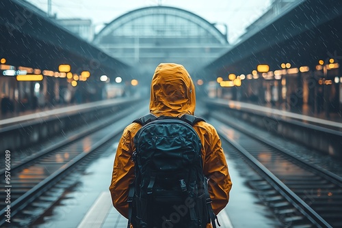 Backpacker wearing a yellow raincoat waiting at a train station