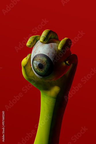 Green hand holding eyeball. Halloween concept photo