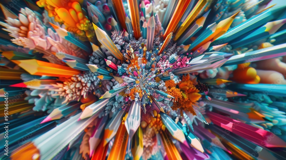 Vibrant Explosion of Colorful Pencils and Abstract Shapes in a Dynamic Artistic Composition Vibrant Explosion of Colorful Pencils and Abstract Shapes in a Dynamic Artistic Composition