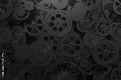 3d render of many black gears working together.