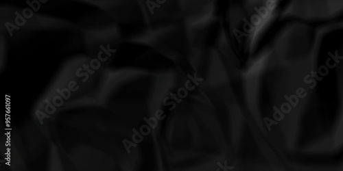 Crumpled texture of dark black wrinkle chaotic paper. close up canvas old crumple black paper sheet abstract shape background space for texture.	

