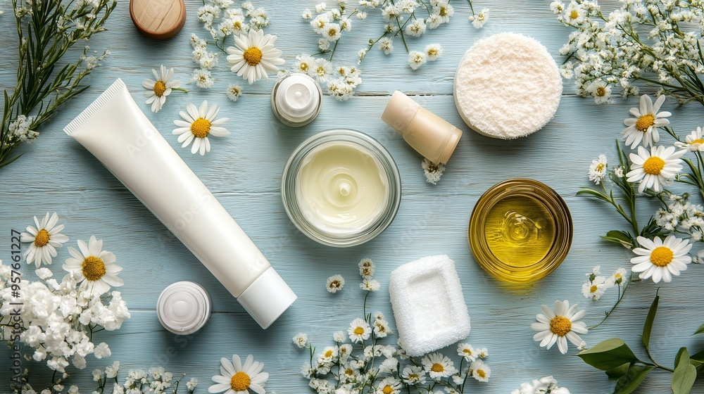 Natural skincare products arranged with fresh flowers on a wooden surface showcasing a serene beauty routine in a calming atmosphere Natural skincare products arranged with fresh flowers on a wooden surface showcasing a serene beauty routine in a calming atmosphere