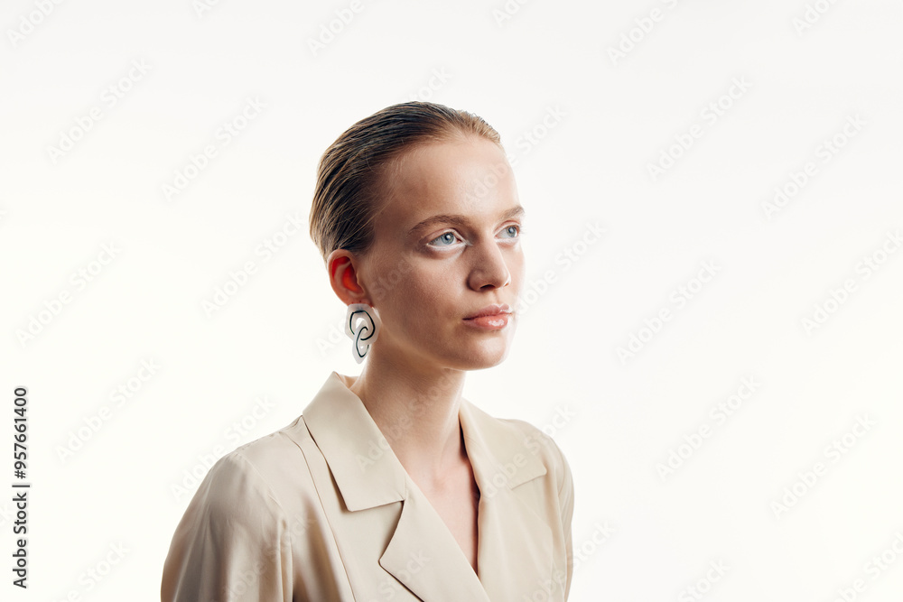 Portrait of a beautiful woman in beige jacket Portrait of a beautiful woman in beige jacket