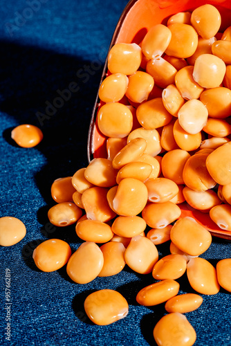 altramuces, coooked lupinus albus beans, in a bowl photo