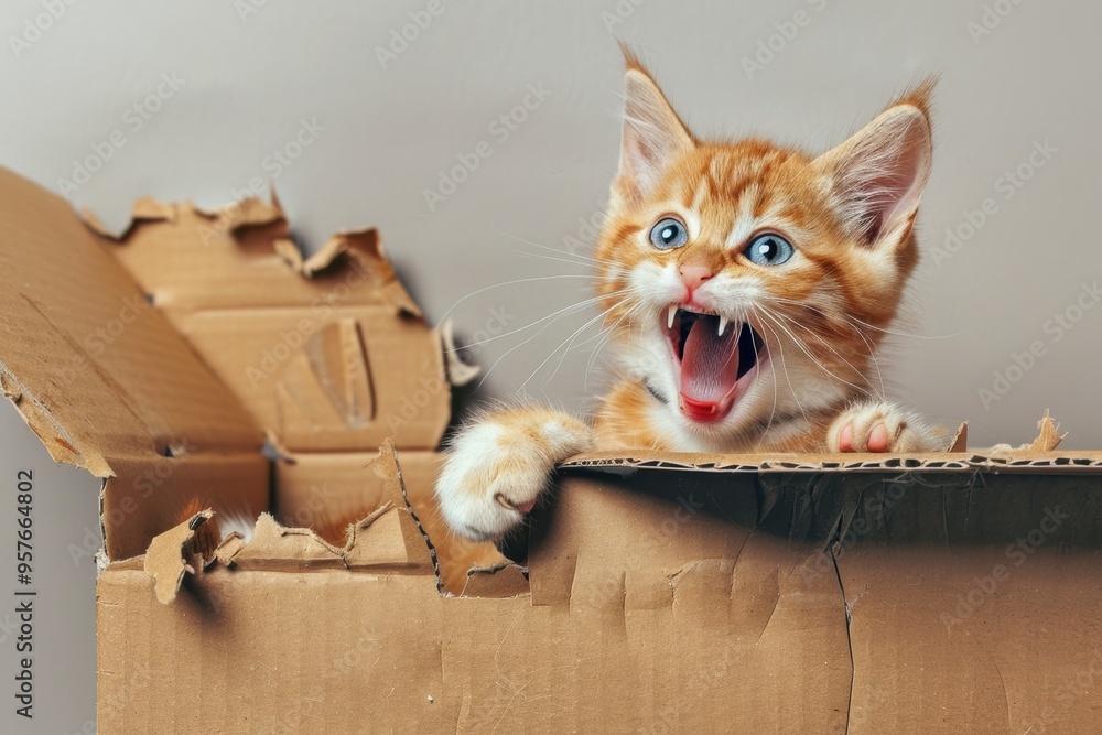 orange and white kitten with blue eyes and a slight smile revealing its teeth opens the side of a brown cardboard box with its paws, amidst torn paper and a hole in the top. orange and white kitten with blue eyes and a slight smile revealing its teeth opens the side of a brown cardboard box with its paws, amidst torn paper and a hole in the top.