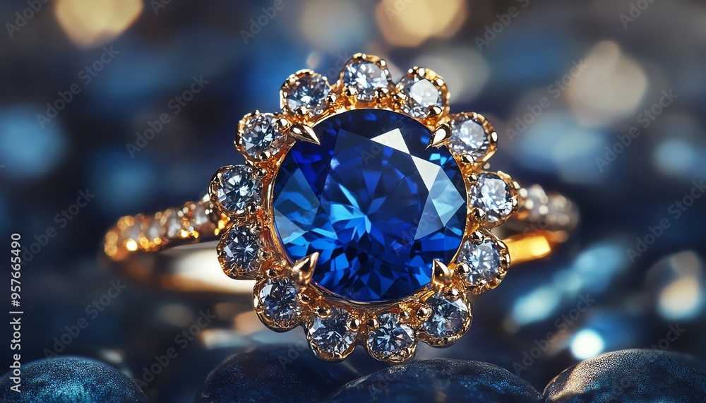 A Close-Up View of a Gold Ring with a Large Blue Sapphire Stone and Diamond Accents A Close-Up View of a Gold Ring with a Large Blue Sapphire Stone and Diamond Accents