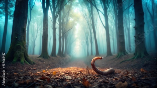 Mysterious forest background with thick fog on Halloween night, no one around, and Worm's Eye View photo