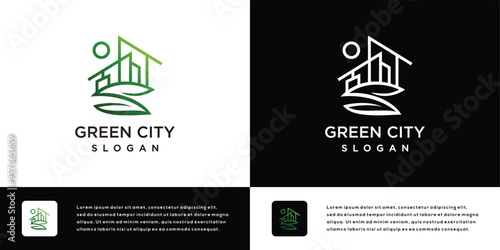 Illustration of building logo with leaves. Nature real estate logo design template.