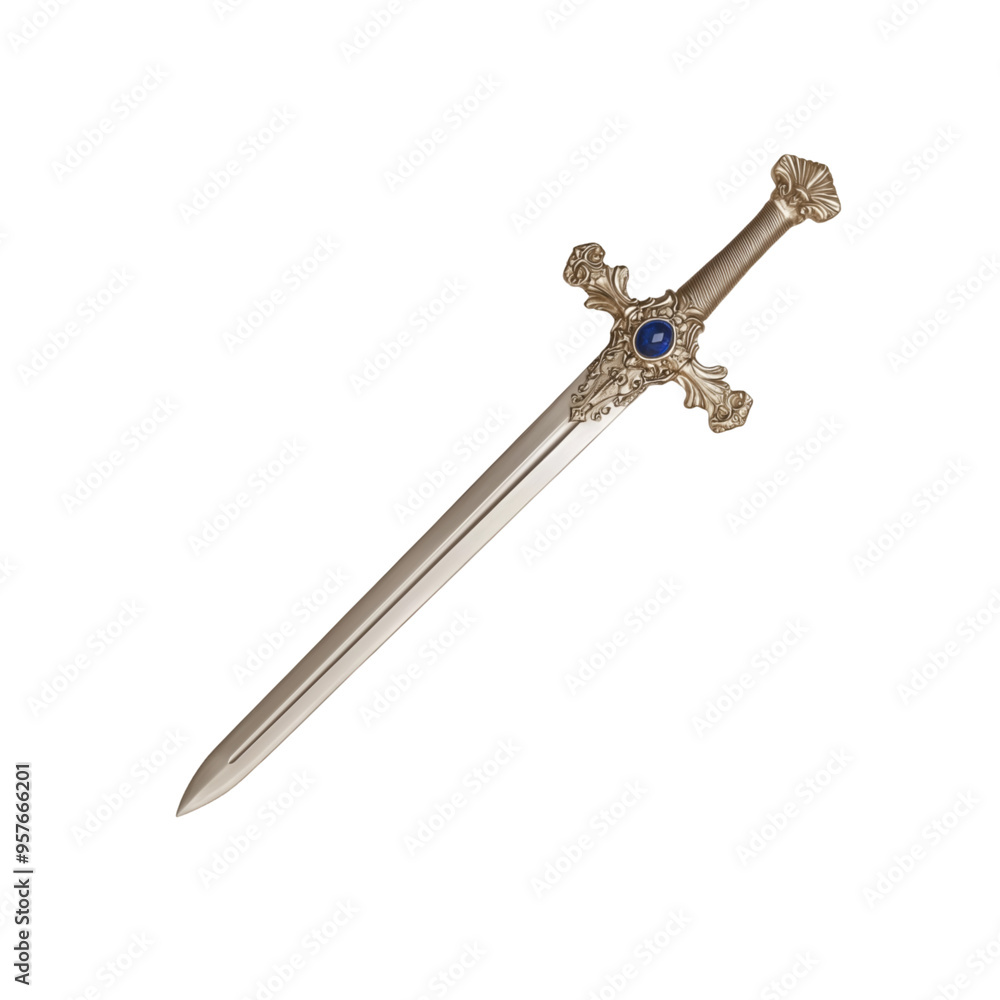 Intricately designed silver sword with blue gemstones and sharp, elegant blade Intricately designed silver sword with blue gemstones and sharp, elegant blade