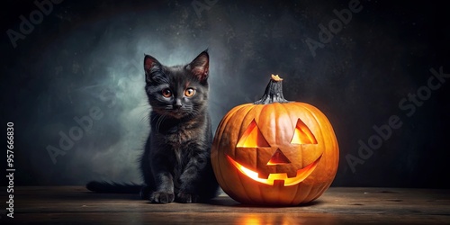 A spooky Halloween pumpkin lantern with a mysterious black kitten on a dark background