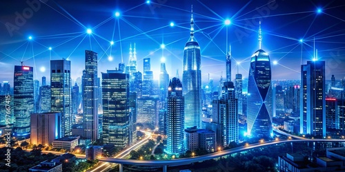 Wallpaper Mural Cityscape illuminated in vibrant blues, showcasing cutting-edge technologies and global connectivity Torontodigital.ca