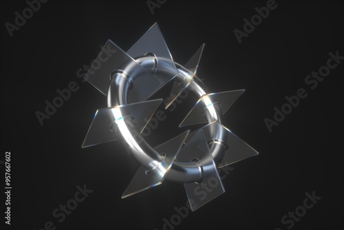 Abstract chrome plated metal ring with glass frames.